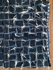 Distressed Grid Patchwork Denim Waistcoat with Gingham Accents