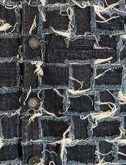 Distressed Grid Patchwork Denim Waistcoat with Gingham Accents