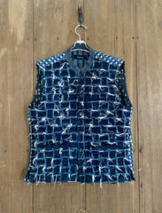 Distressed Grid Patchwork Denim Waistcoat with Gingham Accents